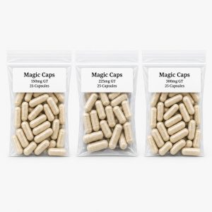 Golden Teacher Magic Caps in 150mg, 225mg, and 300mg capsule bags