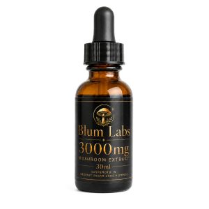 Blum Labs 3000mg mushroom extract tincture in a 30ml amber glass dropper bottle with black and gold label on white background