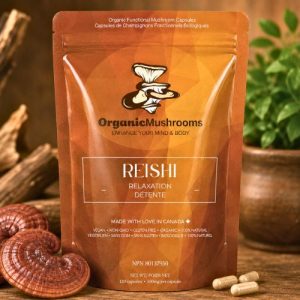 Premium Organic Reishi Capsules featuring a concentrated 10:1 extract. 120 capsules per package. Vegan-friendly, non-GMO, and made in British Columbia.