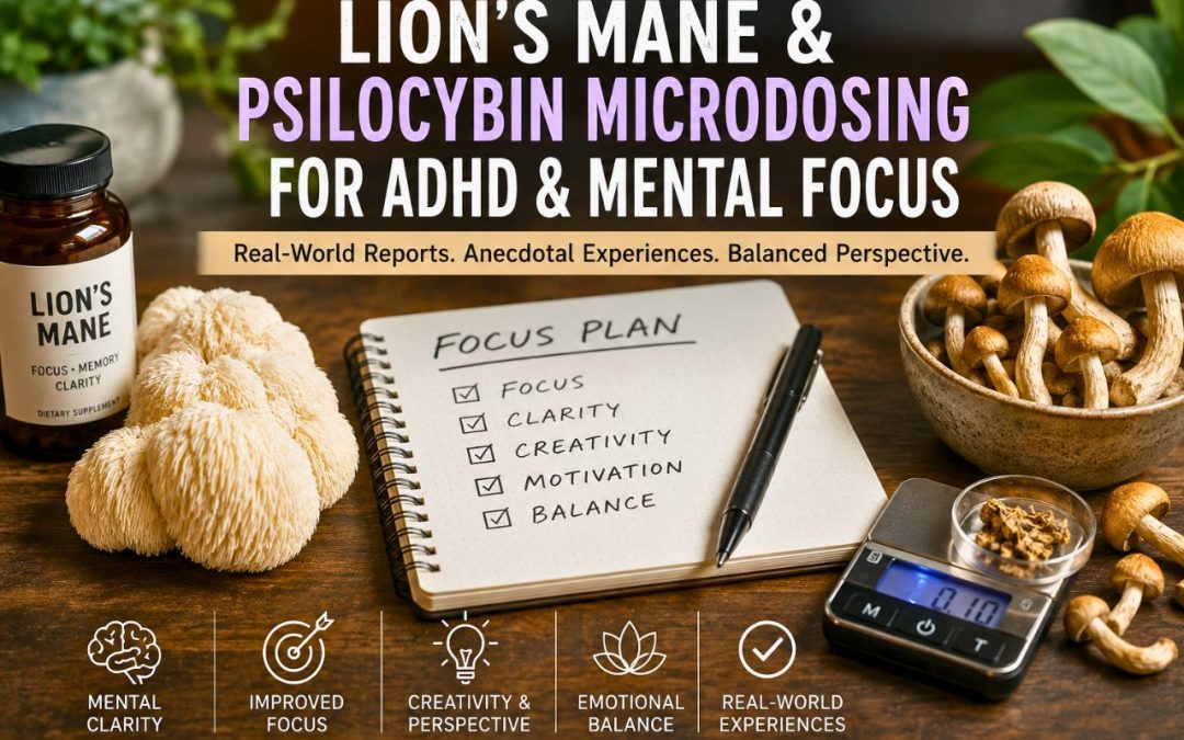 Lion’s Mane mushroom and psilocybin mushrooms beside a notebook representing ADHD, mental focus, clarity and real-world microdosing experiences