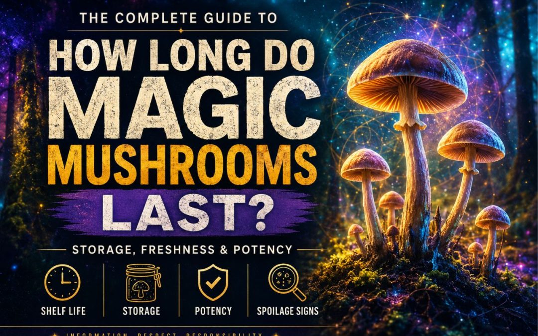 Dried magic mushrooms in a sealed storage jar on a dark natural background representing freshness, shelf life, and potency