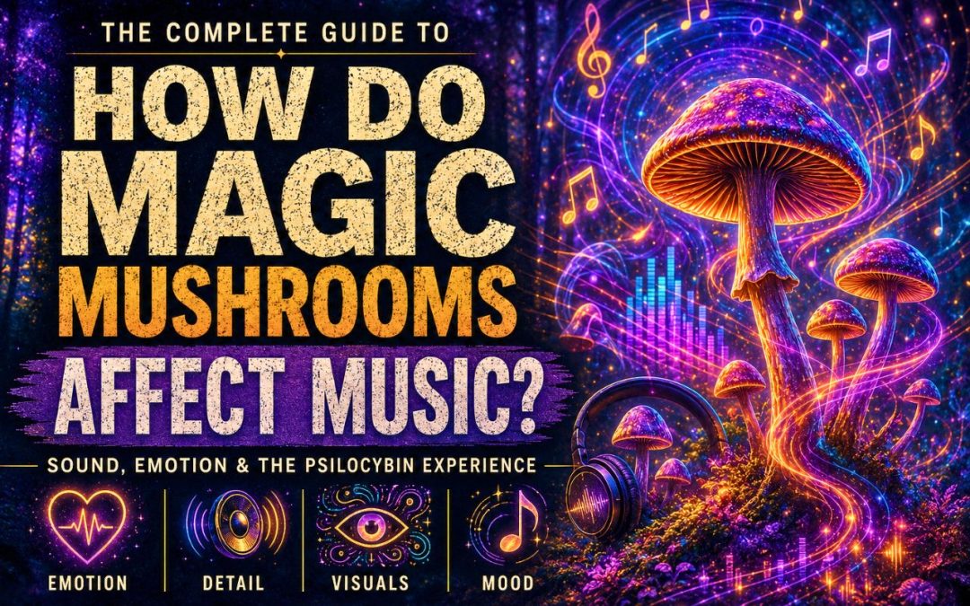 Psychedelic mushroom scene with flowing music waves, colourful sound patterns, and a calm immersive atmosphere