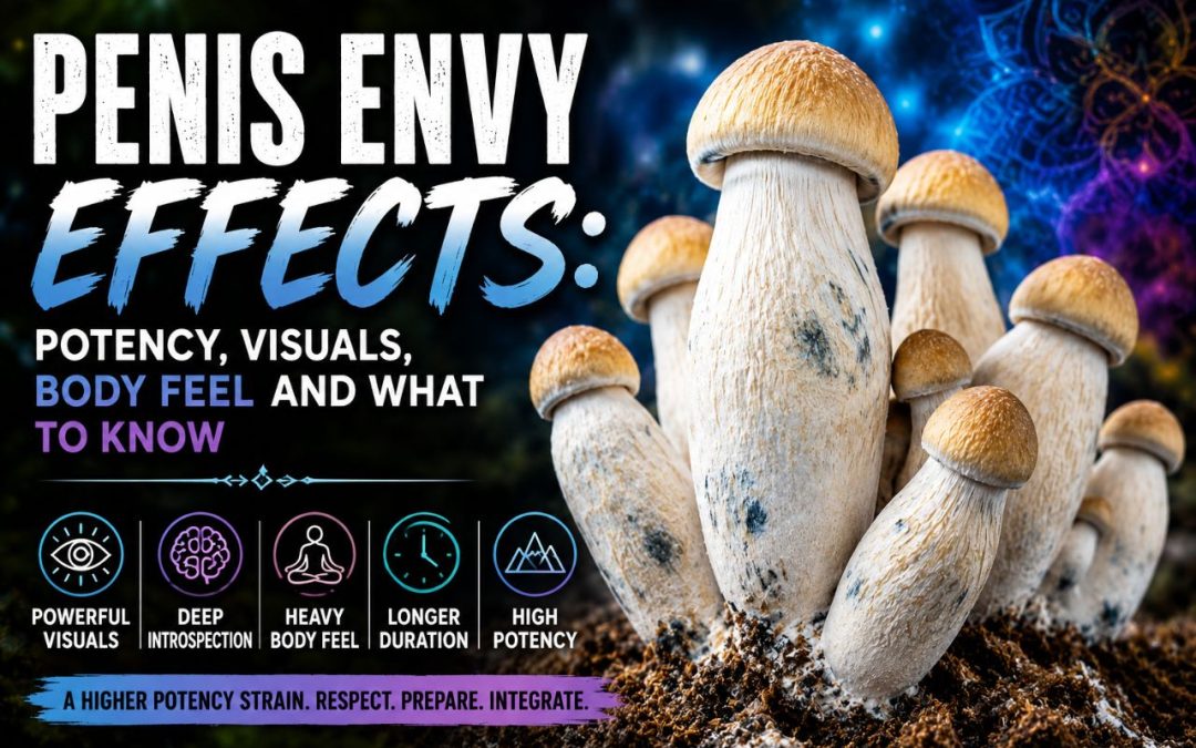 Penis Envy mushrooms with thick pale stems and golden caps representing a high-potency Psilocybe cubensis strain