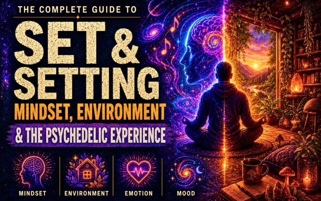 Set and setting psychedelic education featured image showing bold guide-style text, a meditating figure, cosmic mindset imagery, cozy environment scenery, mushrooms, music notes, and glowing icons for mindset, environment, emotion, and mood.