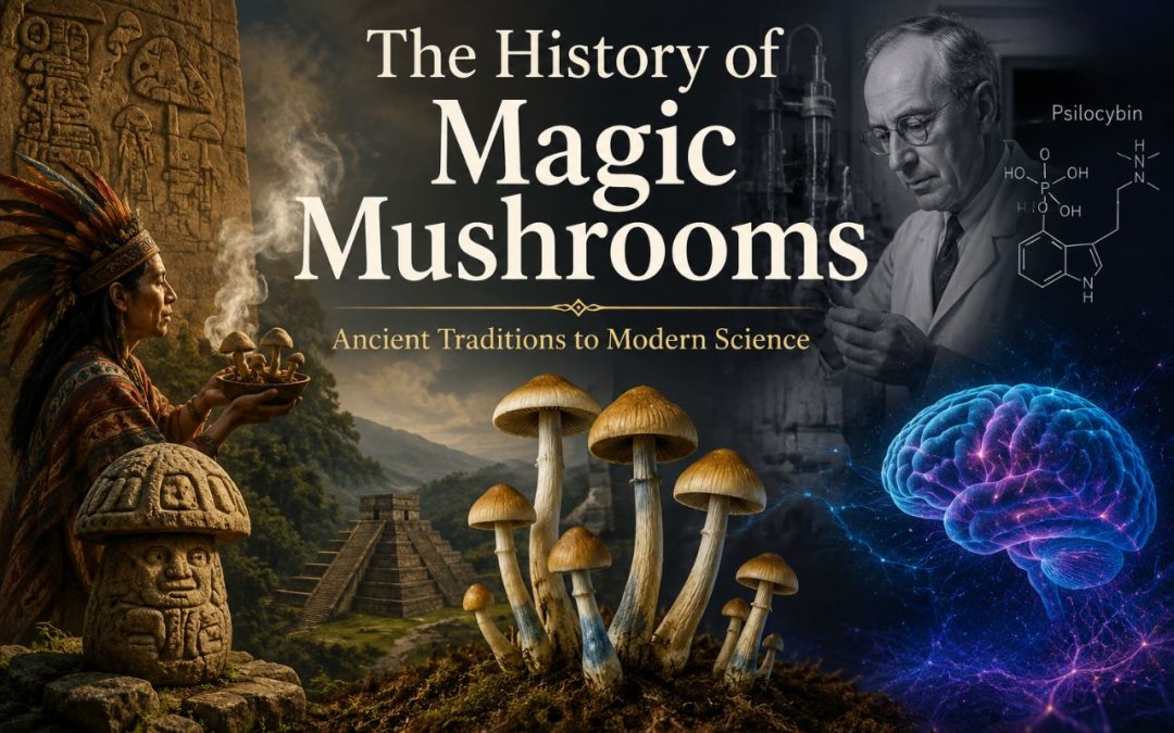 The History of Magic Mushrooms featured image showing ancient mushroom ceremonies, Mesoamerican ruins, psilocybin mushrooms, scientific research, and modern neuroscience.