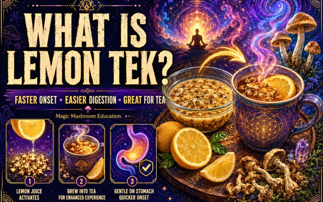Lemon tek magic mushroom tea with fresh lemons, dried mushrooms, and a psychedelic glowing background