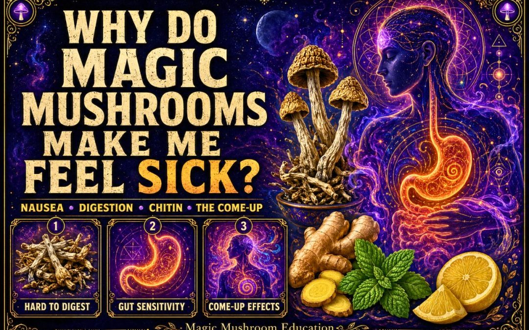 Person holding their stomach beside dried magic mushrooms, lemon, ginger and peppermint with a psychedelic educational background
