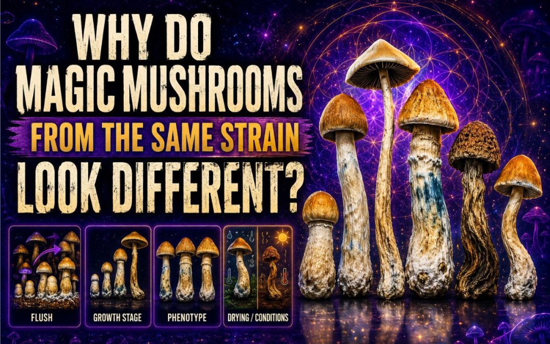 Different-looking magic mushrooms from the same strain showing natural variation in size, cap shape, colour, bruising, and maturity.