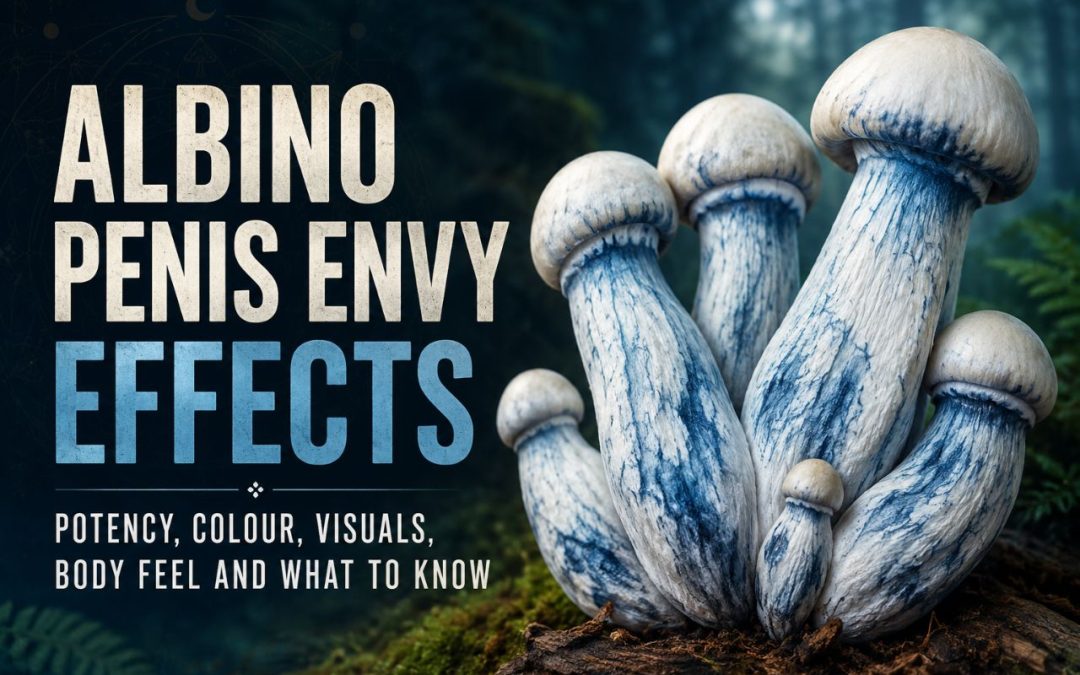 Albino Penis Envy mushrooms with pale stems, blue bruising, and thick dense caps representing a high-potency Psilocybe cubensis strain