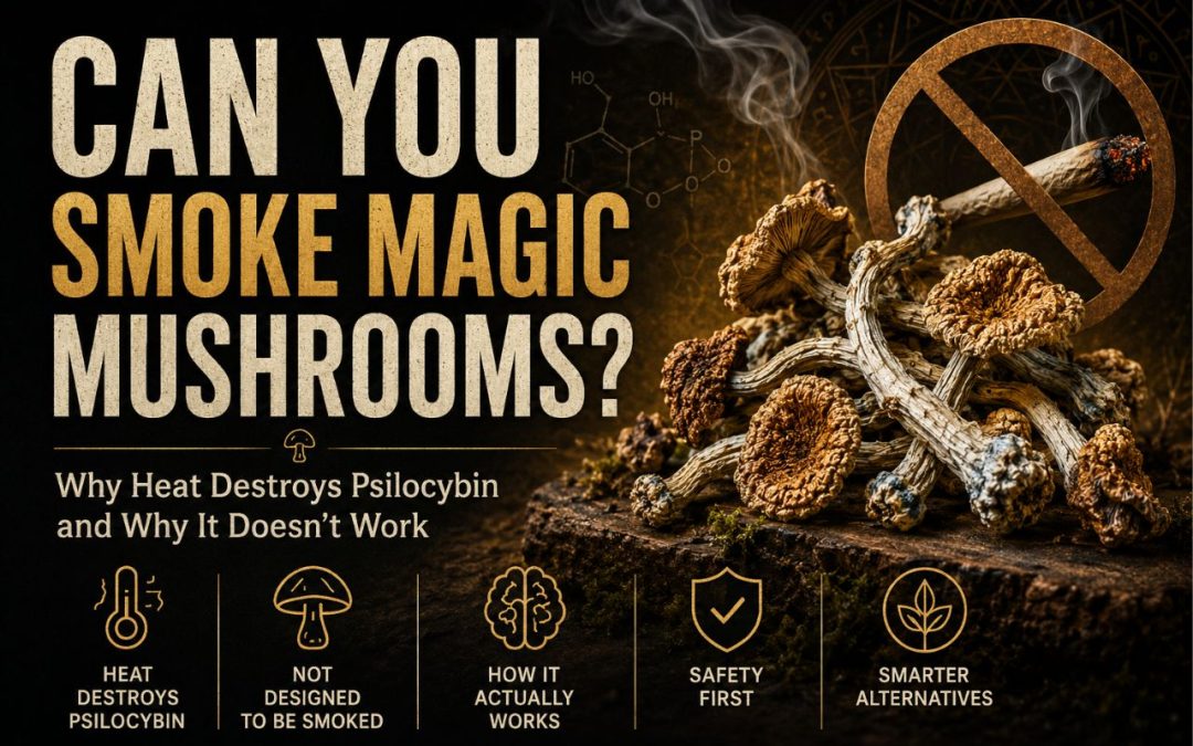 Dried magic mushrooms beside a no smoking symbol, showing why smoking magic mushrooms is not recommended.
