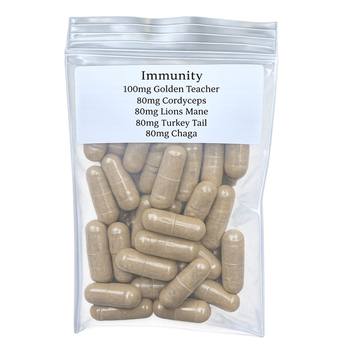Immunity microdose capsules containing Golden Teacher, Cordyceps, Lions Mane, Turkey Tail, Reishi, and Chaga mushroom blend