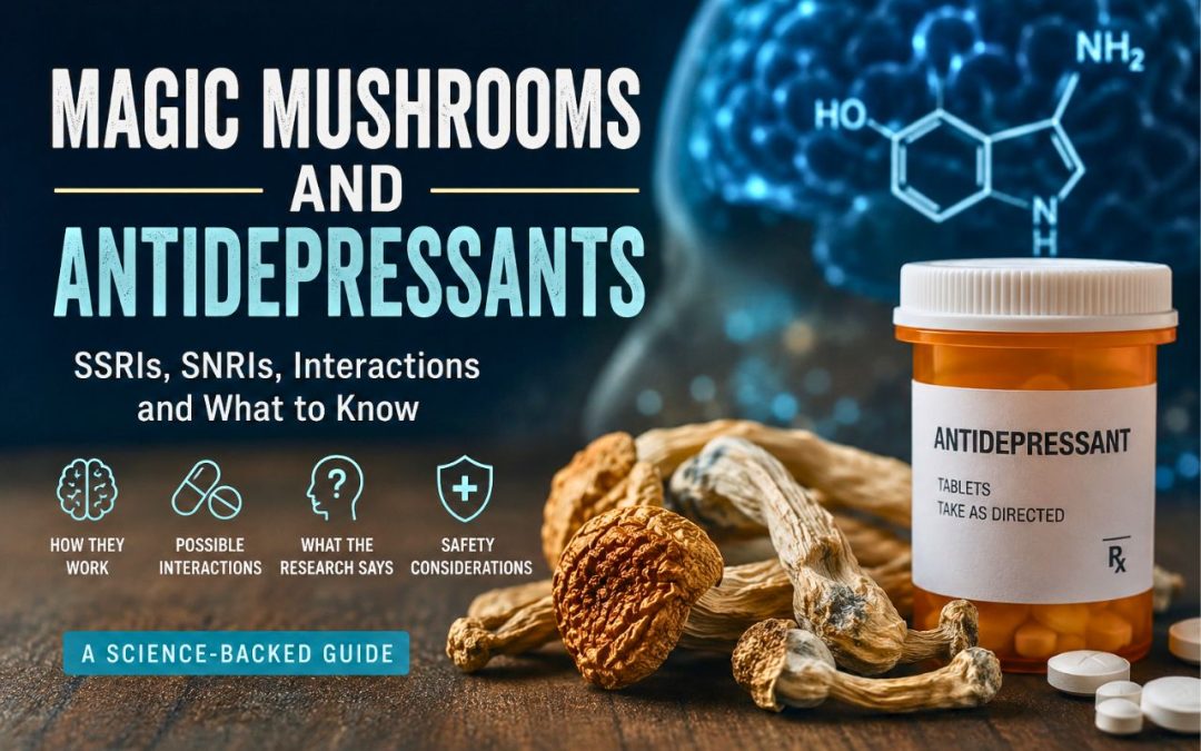 Magic mushrooms and antidepressants featured image showing psilocybin mushrooms, prescription medication, and serotonin pathways