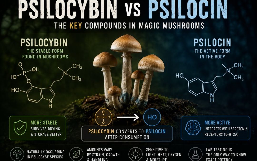 Psilocybin vs psilocin educational graphic showing how magic mushroom compounds convert in the body