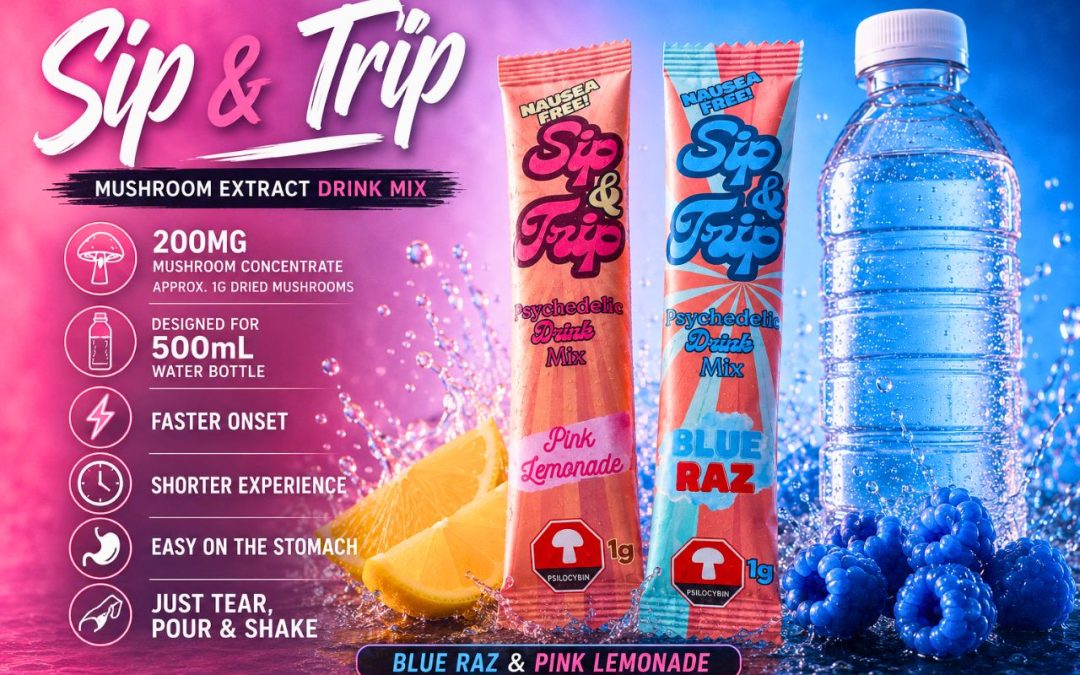 Sip & Trip mushroom extract drink mix pouches in Blue Razz and Pink Lemonade flavours