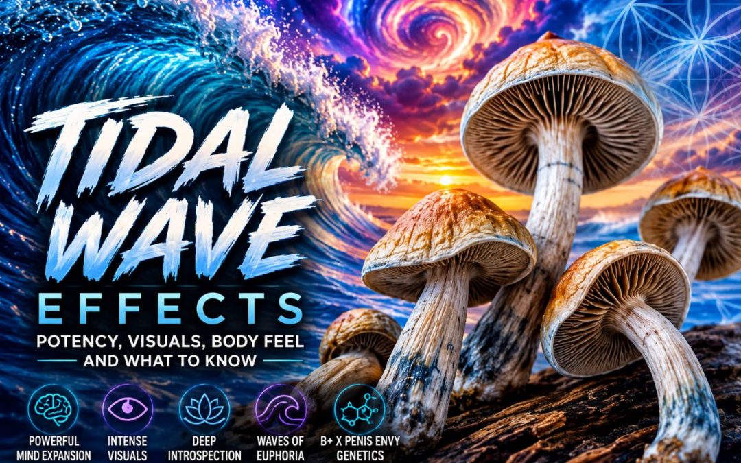 Tidal Wave mushrooms showing unique Psilocybe cubensis characteristics and Penis Envy genetics effects analysis article.