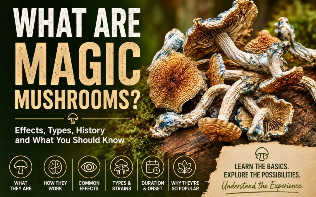 What Are Magic Mushrooms blog featured image showing dried psilocybin mushrooms with educational text about effects, strains, history, and how they work.