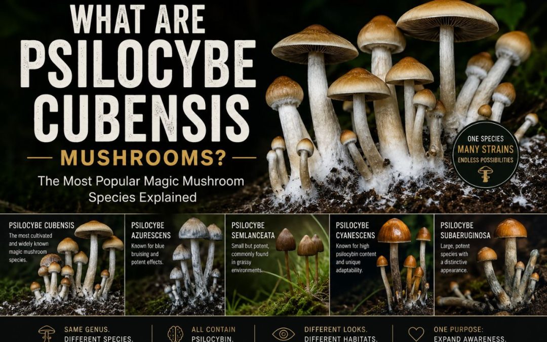 Psilocybe cubensis mushrooms infographic showing different psilocybin mushroom species, strain variety, and educational mushroom information