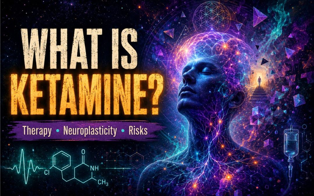 Psychedelic educational artwork showing a floating mind, abstract neural pathways, soft purple and blue light, and the title What Is Ketamine?