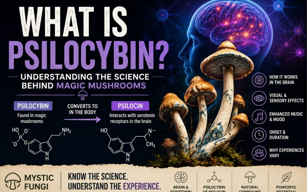 What Is Psilocybin? educational infographic explaining how psilocybin from magic mushrooms converts to psilocin and interacts with serotonin receptors in the brain.