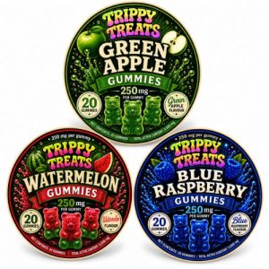Trippy Treats 250 mg mushroom gummies in Blue Raspberry, Green Apple and Watermelon flavours, with 20 gummies per tin.