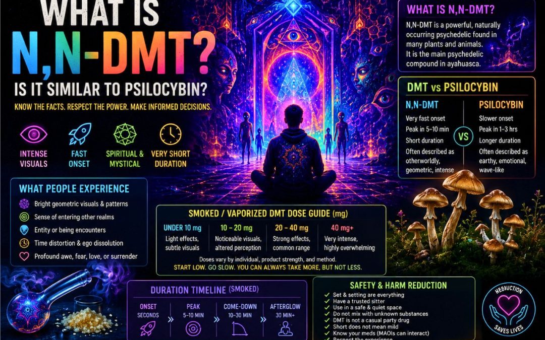 Psychedelic educational image about N,N-DMT, visuals, breakthrough experiences, dose, safety, and comparison to psilocybin.