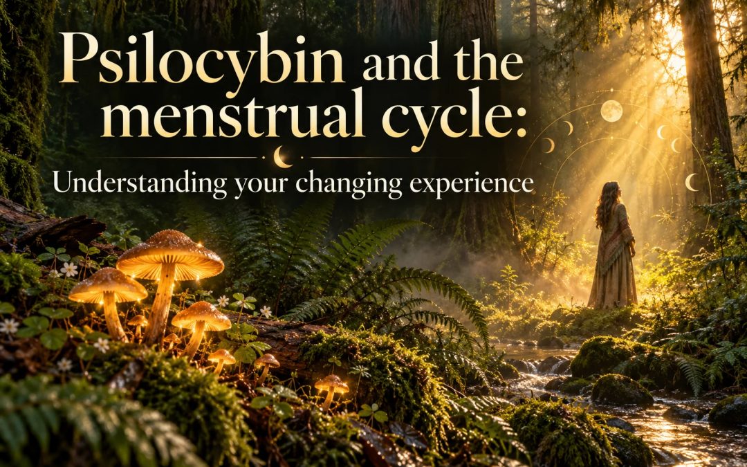 Psilocybin and the menstrual cycle illustrated by a feminine silhouette, moon motifs and golden mushrooms in a mossy rainforest.