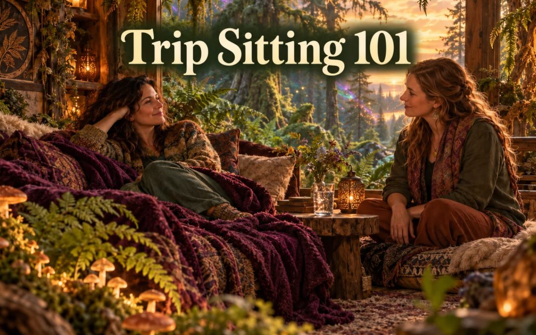 How to be a good trip sitter — thoughtful companionship in a warm woodland sanctuary surrounded by mushrooms and forest greenery.