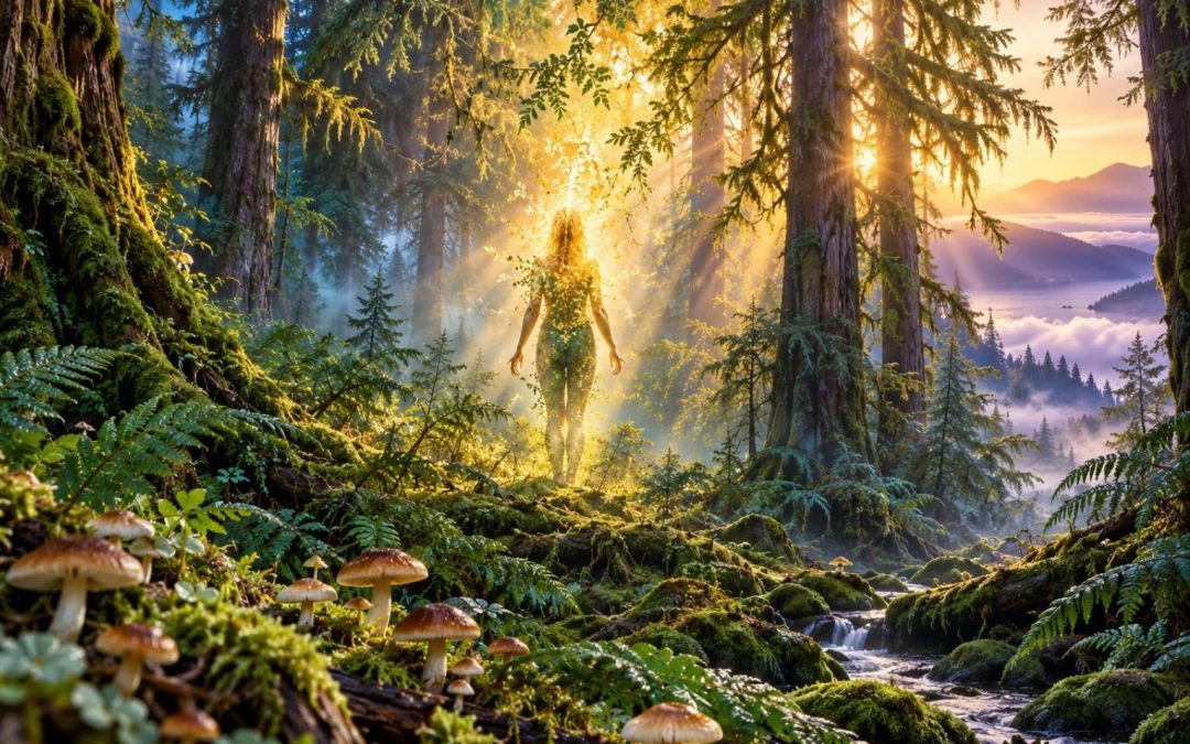 Ego death while using psilocybin: A luminous human silhouette blends into a mossy forest, with mushrooms and ferns in the foreground.
