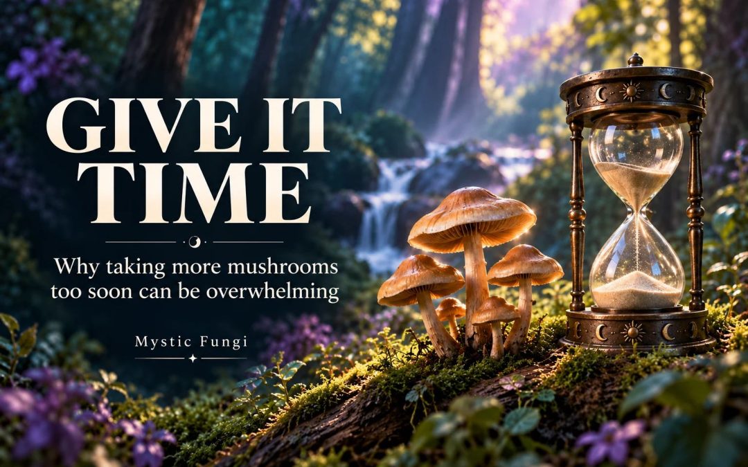 Brown mushrooms and an antique hourglass in a softly lit forest, with “Give It Time” and Mystic Fungi branding.